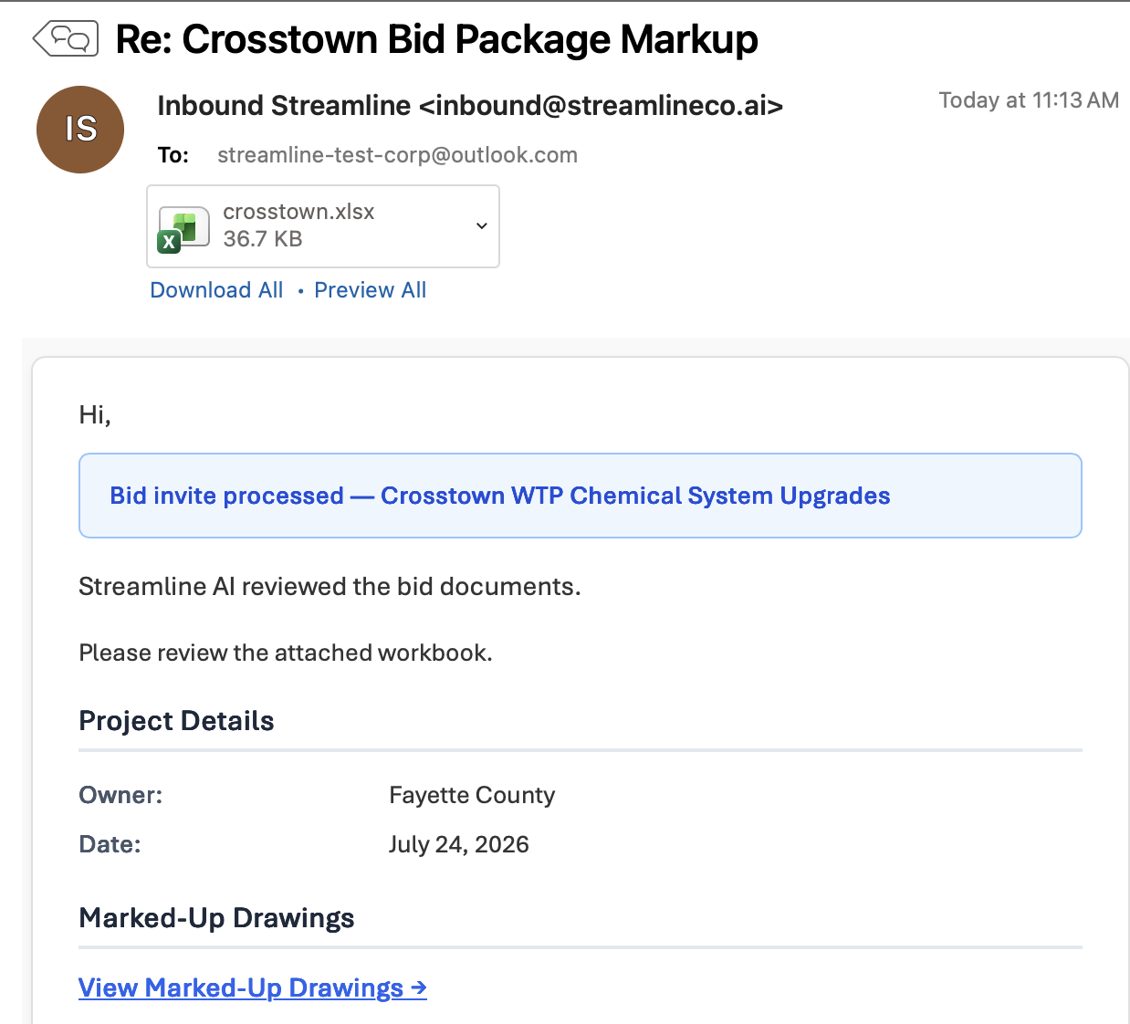 Reply email from Streamline Ops listing the equipment and I/O found in the bid set